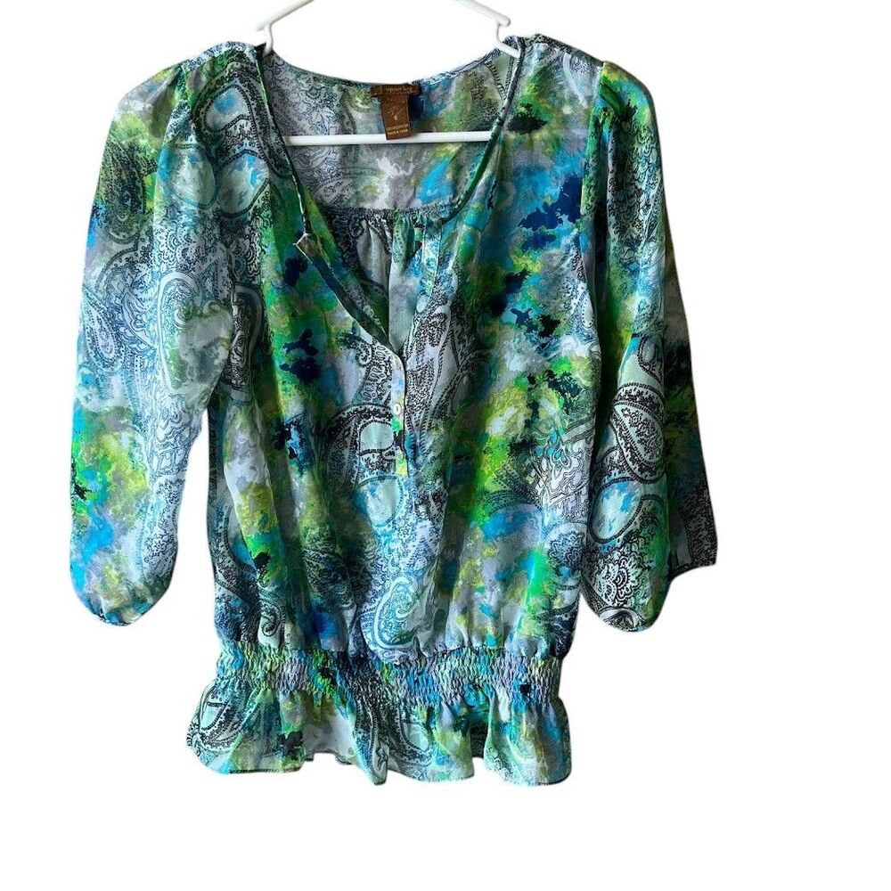 COPPER KEY Blouse Sz S Tropical Floral Greens 3/4 Sleeve Sheer Top Elastic Waist